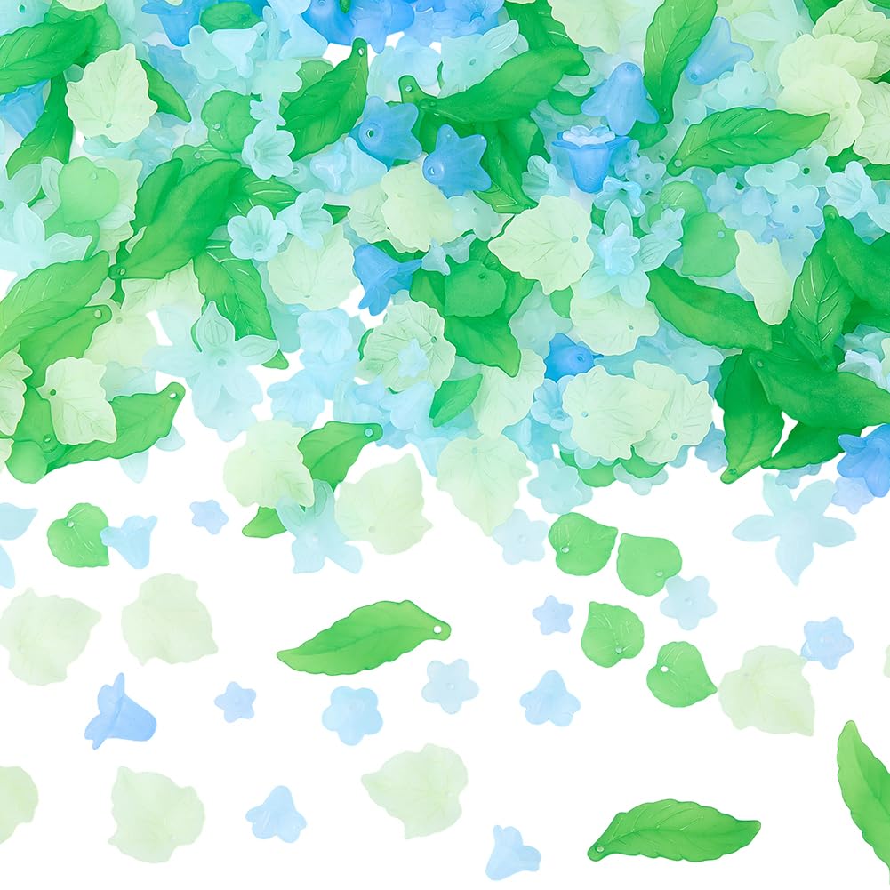 BEAMARKER 500Pcs Acrylic DIY Flower Leaf Beads Kits Including Assorted Blue Flower Loose Beads Maple Leaf Pendants Charms Acrylic Floral Caps for Earring Bracelet Necklace Craft Jewelry Making