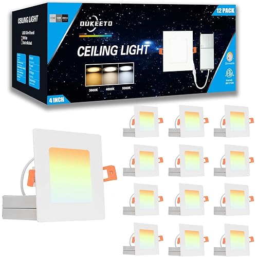 4 Inch Led Square Recessed Light - 3000K/4000K/5000K Color Selectable, 10W=75W 800LM Ultra-Thin Dimmable Downlight Led Wafer Ceiling Light with Junction Box - ETL, Energy Star (12 Pack)