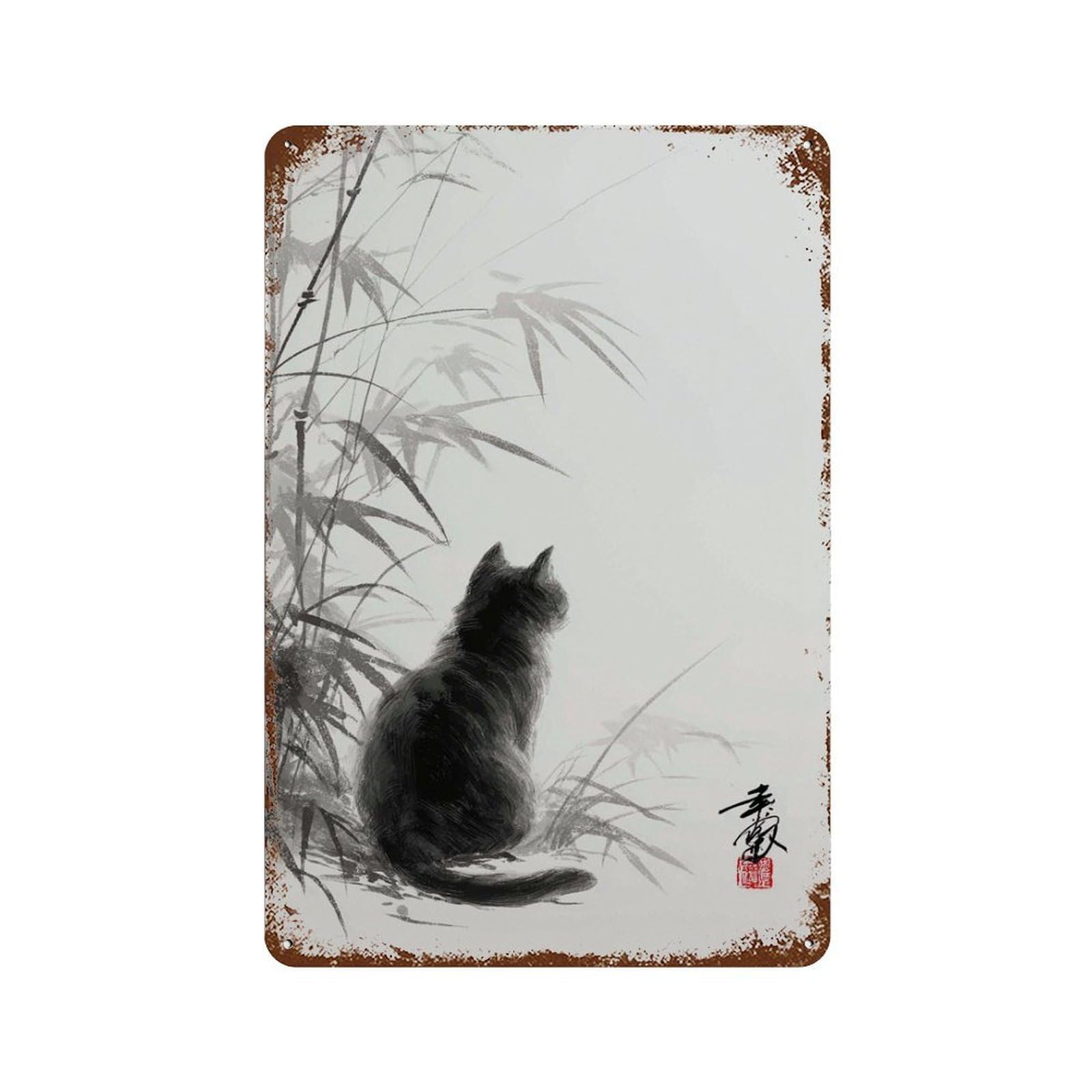 xiaoxiaoshen Japanese Cat Zen Black Ink Brush Painting Minimalist Sumi Wall Decor Art Metal Tin Poster Modern Home Decor Art Home Bar Shop Decorations Vintage Sign 30x20cm
