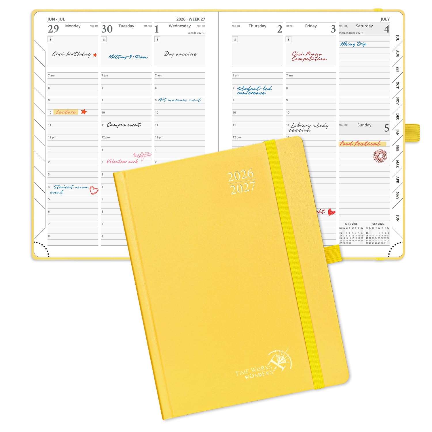 POPRUN 2026-2027 Academic Planner, 6.5" x 8.75", Weekly and Monthly Calendar, July 2026 to June 2027, Hardcover Appointment Book with Verital Layout, Hourly Time Slots, Monthly Tabs - Light Yellow