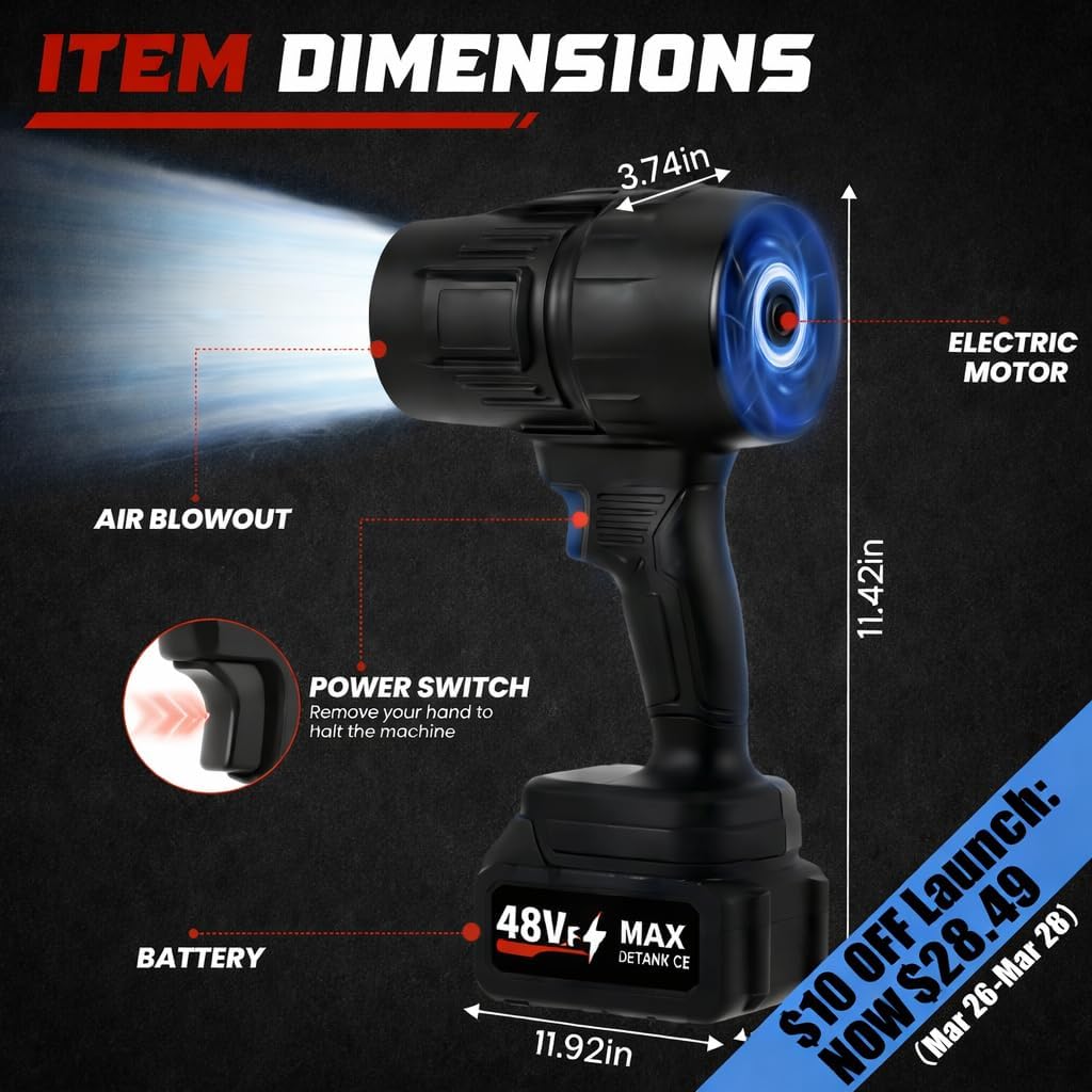 Cordless Turbo Leaf Blower – 2×48V Batteries & Fast Charger, 180,000 RPM Handheld Air Blower for Lawn, Patio, Car, and Dust Removal