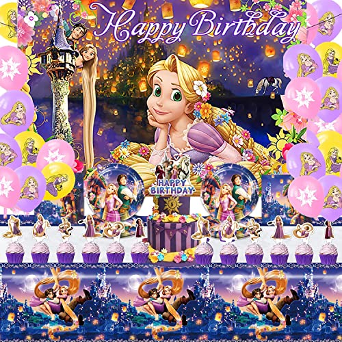 73pcs Princesse Tangled Raiponce Thème - Kit de décoration pour anniversaire d'enfant - Pour anniversaire d'enfant - Vaisselle de fête d'anniversaire d'enfant - Décoration de table pour 10 enfants