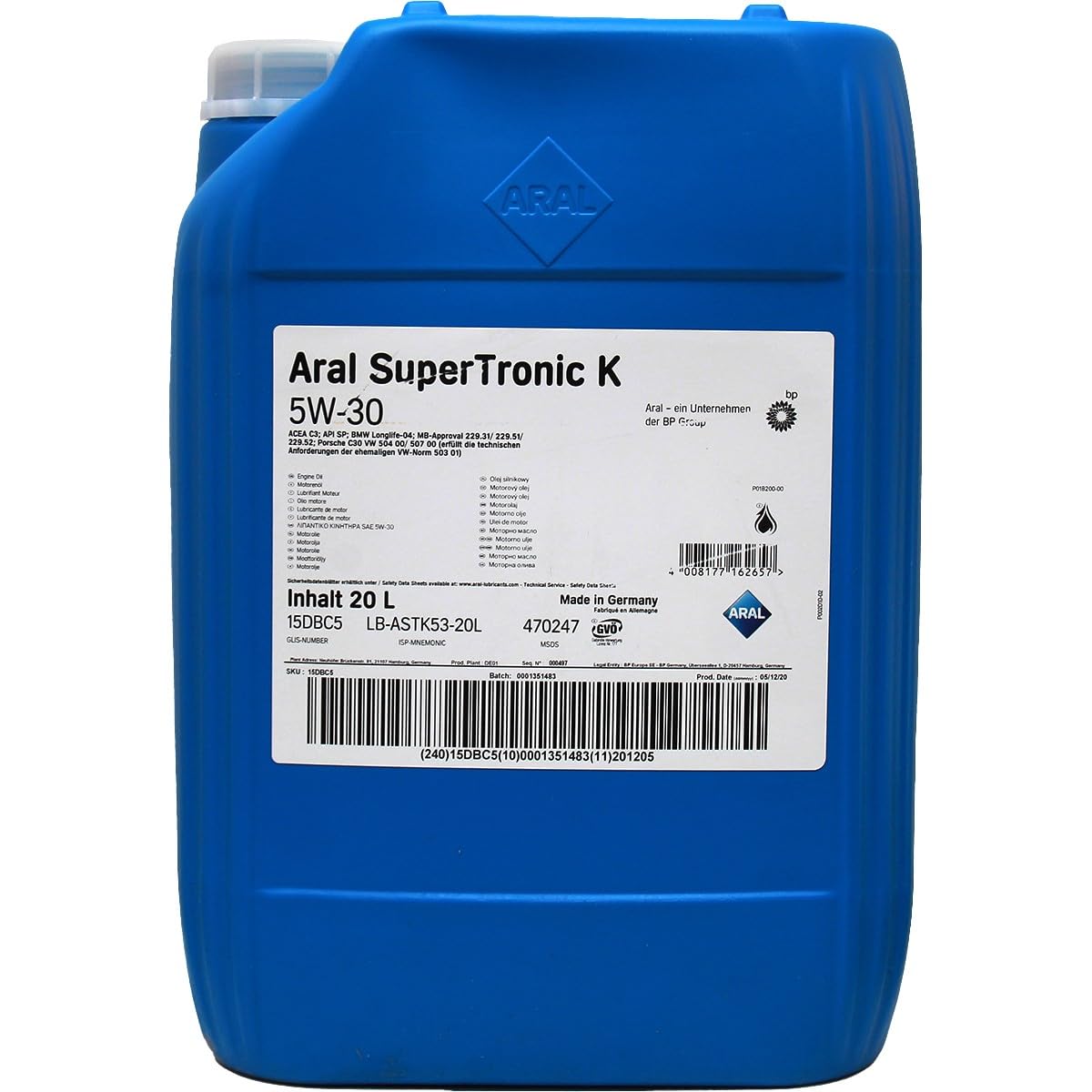 ARAL Aceite de motor 5W-30 SuperTronic ACEA C3 API SN K 20L Compatible con VW Polo V Hatchback 6R1, 6C1 up! Hatchback 121, 122, BL1, BL2, BL3, 123 Golf 7 Hatchback 5G1, BQ1, BE1, BE2, OPEL, SKODA