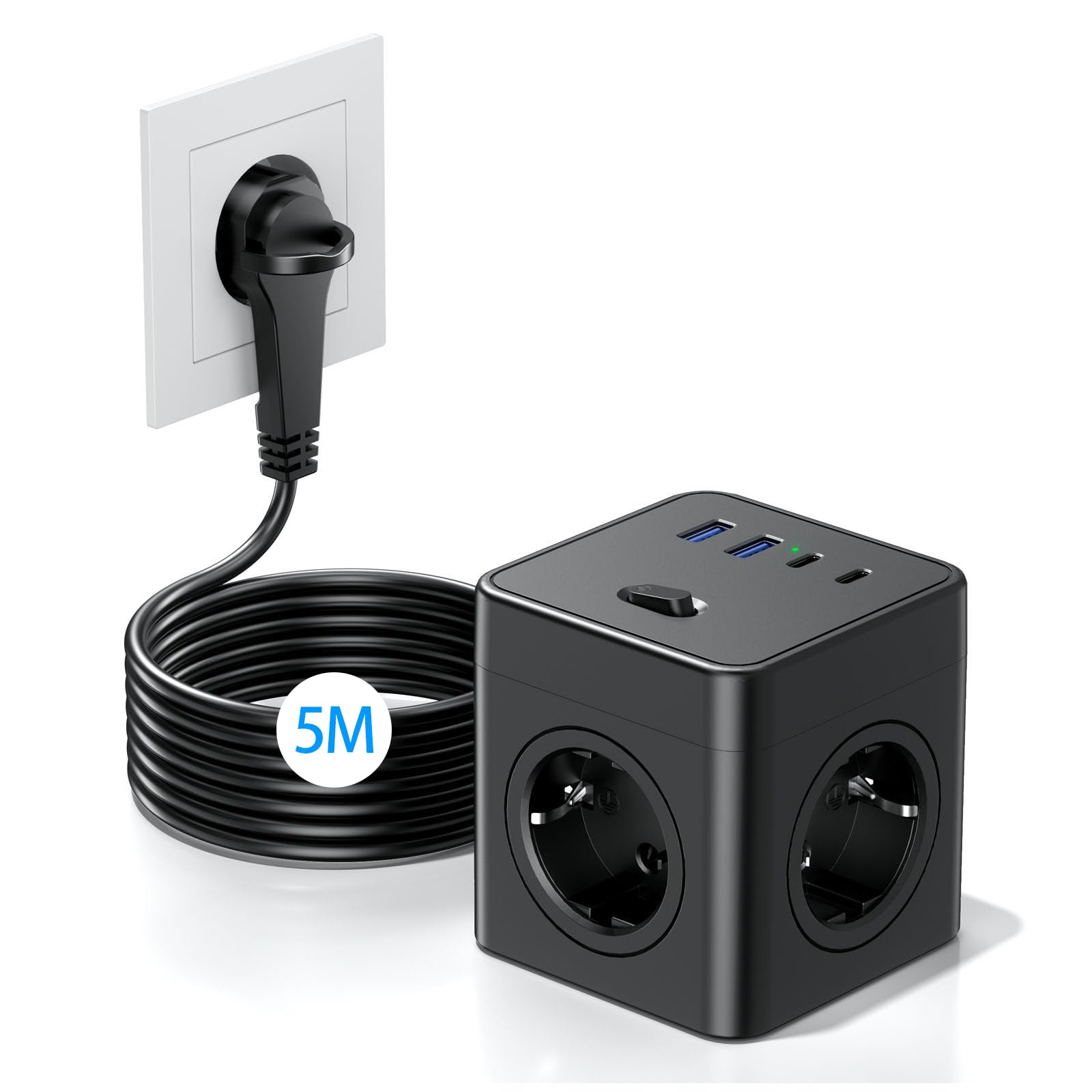 Steckdosenwürfel mit USB, 8 in 1 Steckdosenleiste Flachstecker mit Schaltbar,4 Fach Steckdosenleiste mit 2 USB-A&2 USB-C,Mehrfachsteckdose Power Cube mit Zugring,5M Kabel für Zuhause/Büro, Schwarz