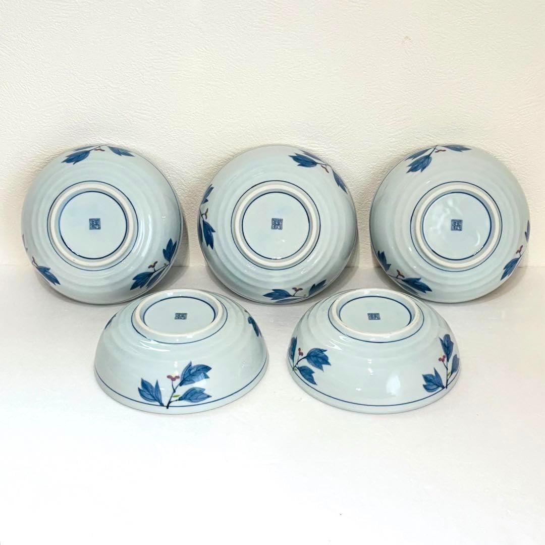 美濃焼 龍峯窯 染付色絵 南天文 中鉢揃 5客