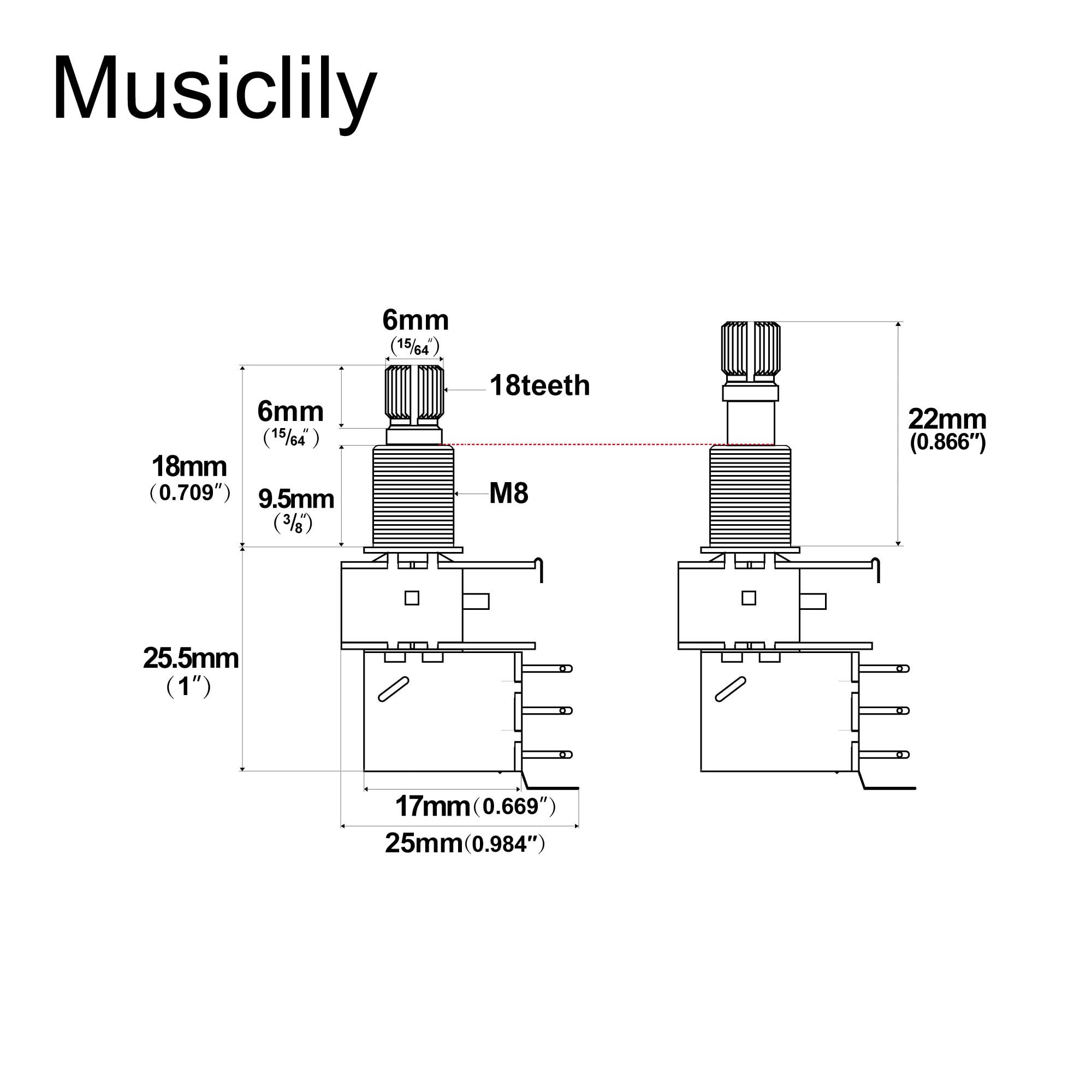 Musiclily Pro Brass Full Metryczna Potencjometr Gitaryowy Push Pull A250K Logarytmiczny do Gitary Elektrycznej i Basowych (2 szt.)
