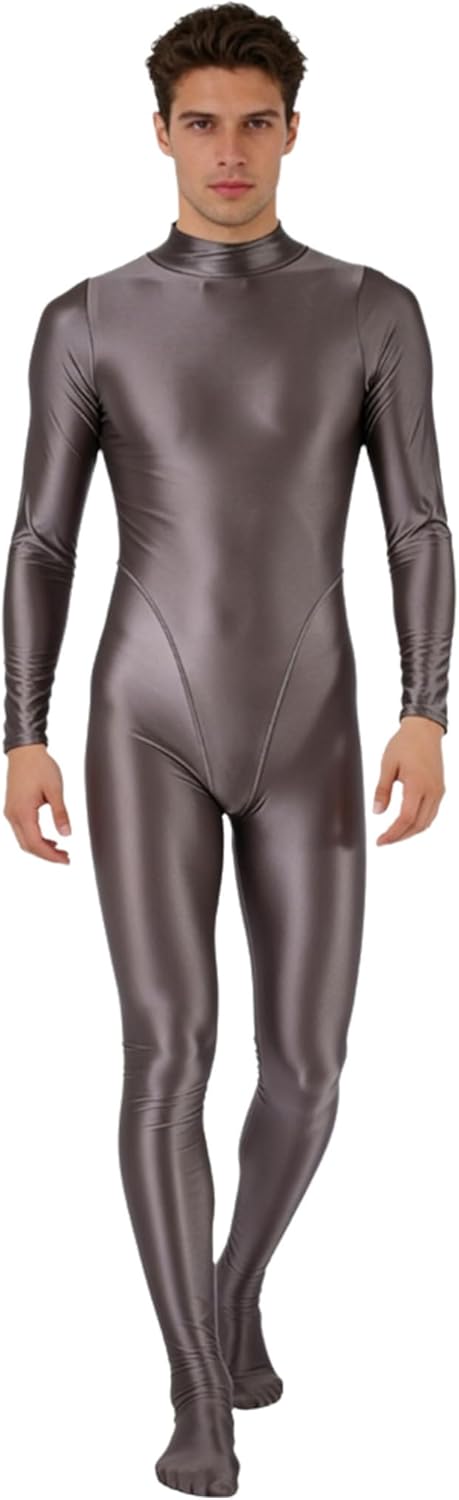 FEESHOW Men's Mock Neck Glossy Bodysuit Long Sleeve Footed Rash Guard for Diving Surfing Workout