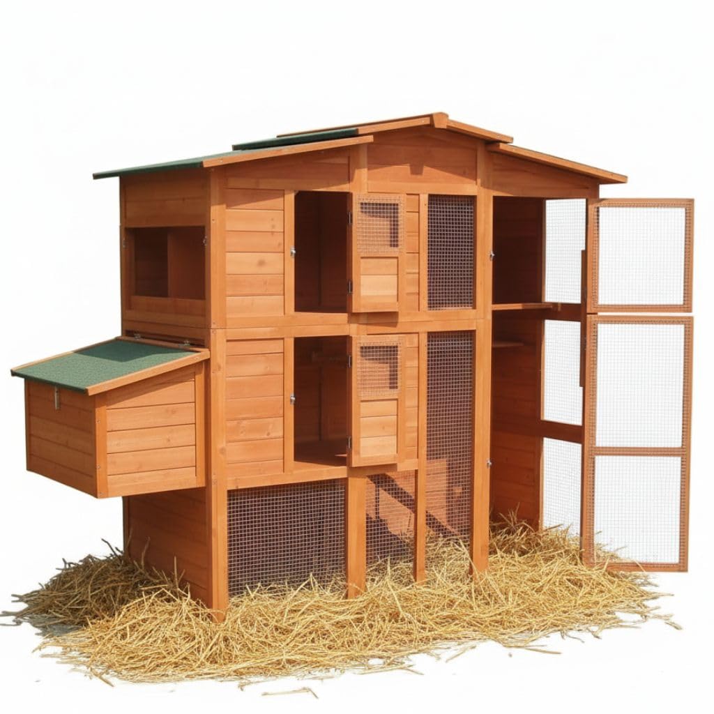 Melko Gallinero XXL de madera con cercado libre, 171 x 166 x 80 cm, incluye 4 nidos + puerta corredera
