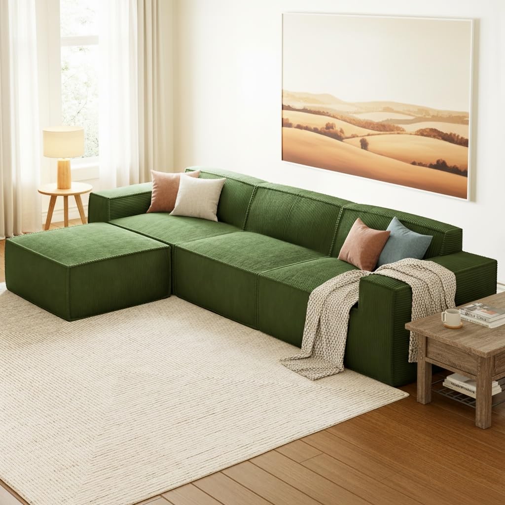 Marsail 111' Modular Sectional Sofa, L-Shape Corduroy Cloud Couch with Deep Seat, Freely Combinable Boneless Sofa for Living Room, No Assembly