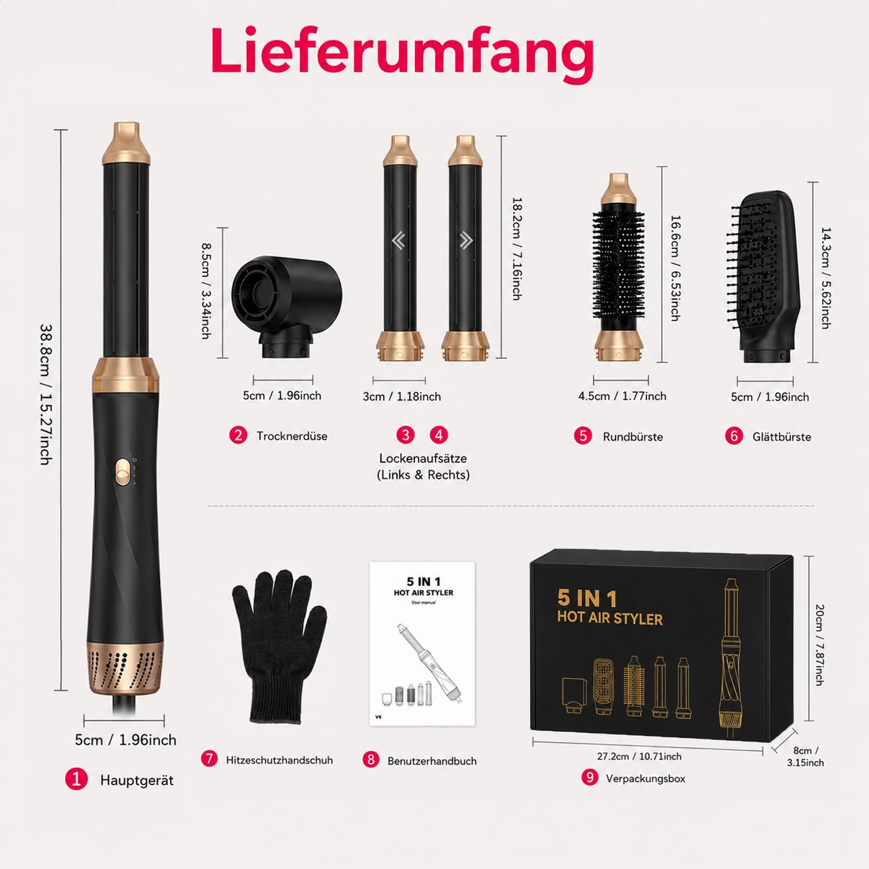 Kit de coiffeur 5 en 1 - 1000 W - Brosse ronde - Brosse à air chaud multifonction avec fer à friser automatique - Lissage négatif