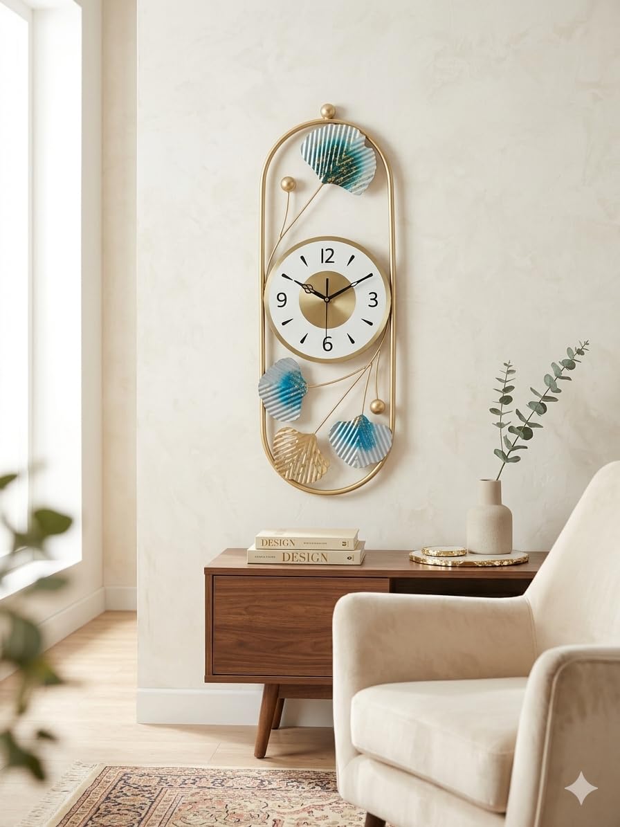 Luxury Modern Metal Wall Clock with Blue Ginkgo Leaf Art, Golden Oval Frame, Silent Non-Ticking-image-37