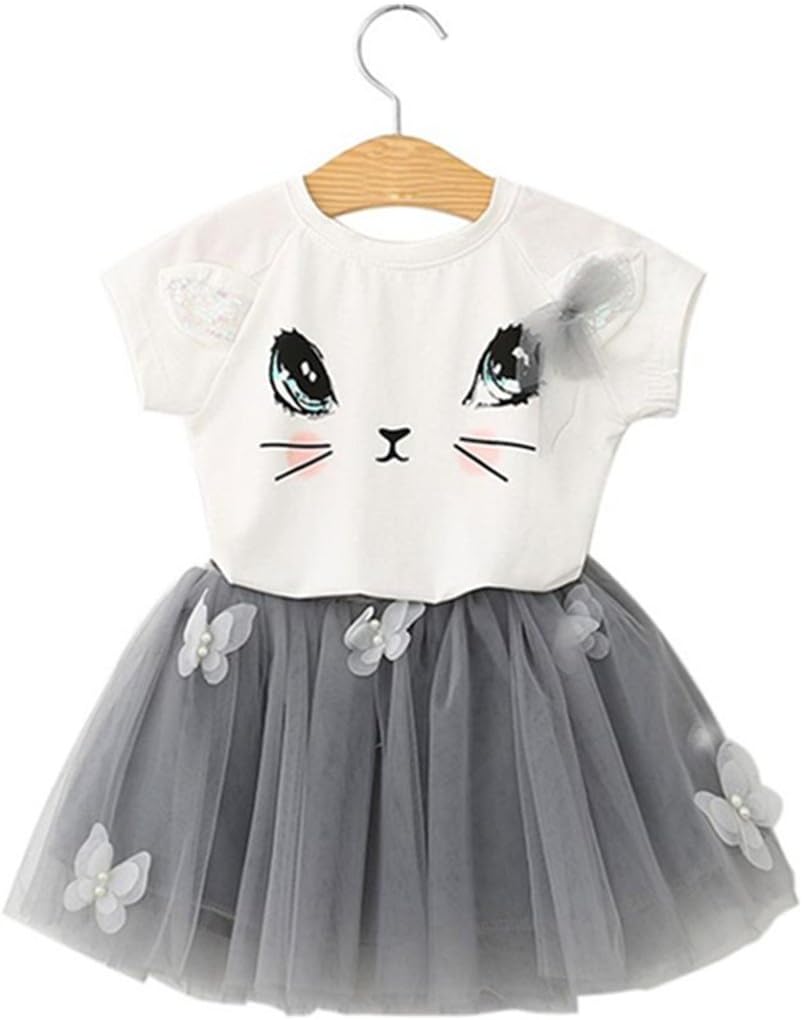 Transer Kids T Shirt+Mini Skirt Set, Kids Mini Skirts+ T-Shirt Tops Girls Outfit Cat Pattern Butterfly Tutu Skirt Clothing Set Baby Swing Dresses Princess Tulle Dress