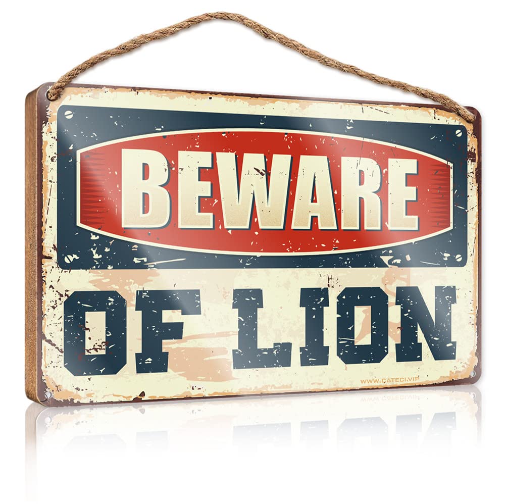 DTHA Front Porch Signs Beware Of Lion Wooden Sign Work From Home Door Sign Farmhouse Hanging Sign(20X30CM)