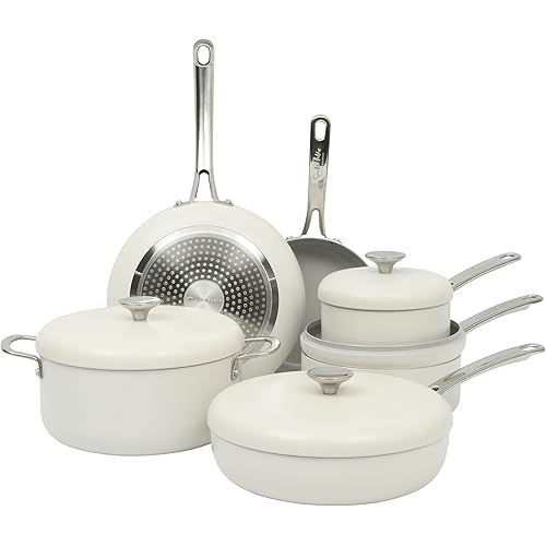 Sur La Table Kitchen Essentials Potluck Porch 10 Piece PFA Free Ceramic Non stick Interior Forged Aluminum Cookware Pots and Pans Set W/Aluminum Lids - Linen White - Induction Compatible