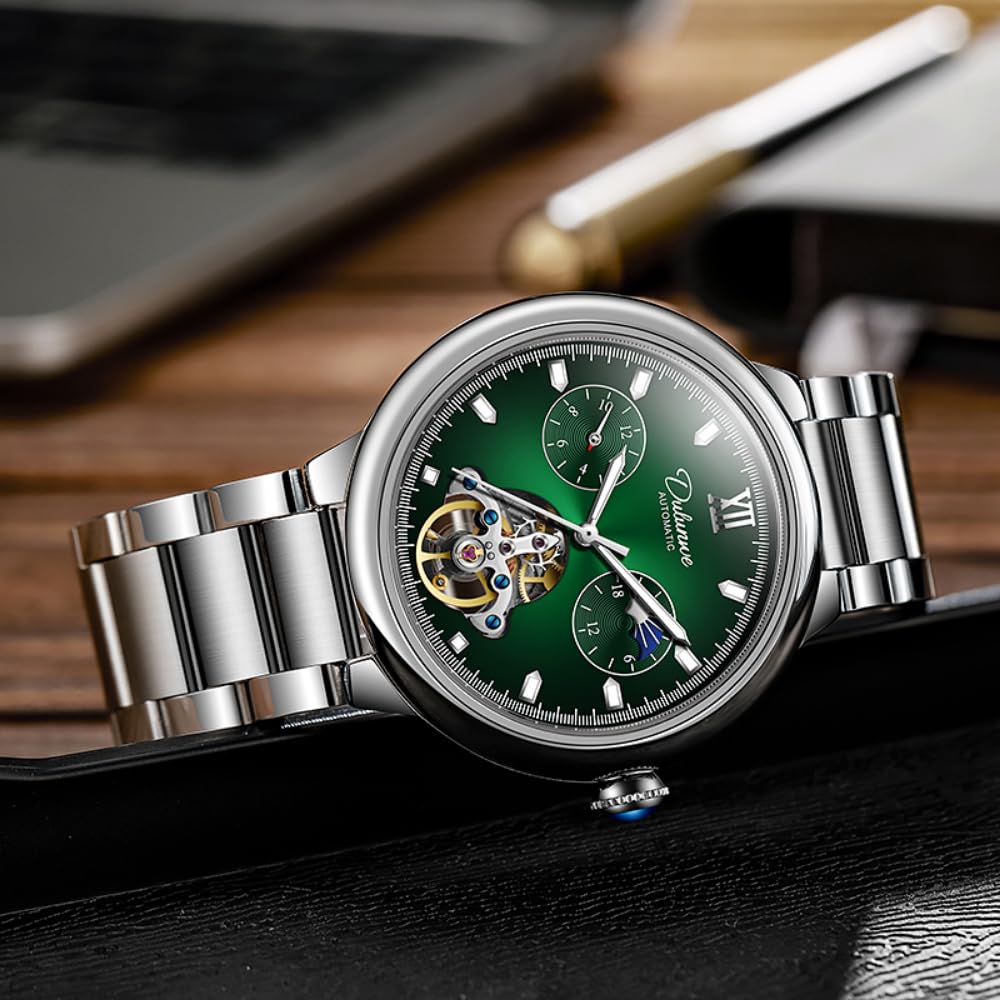 Herren-Armbanduhr, automatisch, mechanisch, hohles Skelett, Tourbillon, selbstaufziehend, Mondphasenuhr für Herren, großes Zifferblatt, Edelstahl, Saphirkrone, Herrenuhren, Silber-Grün,
