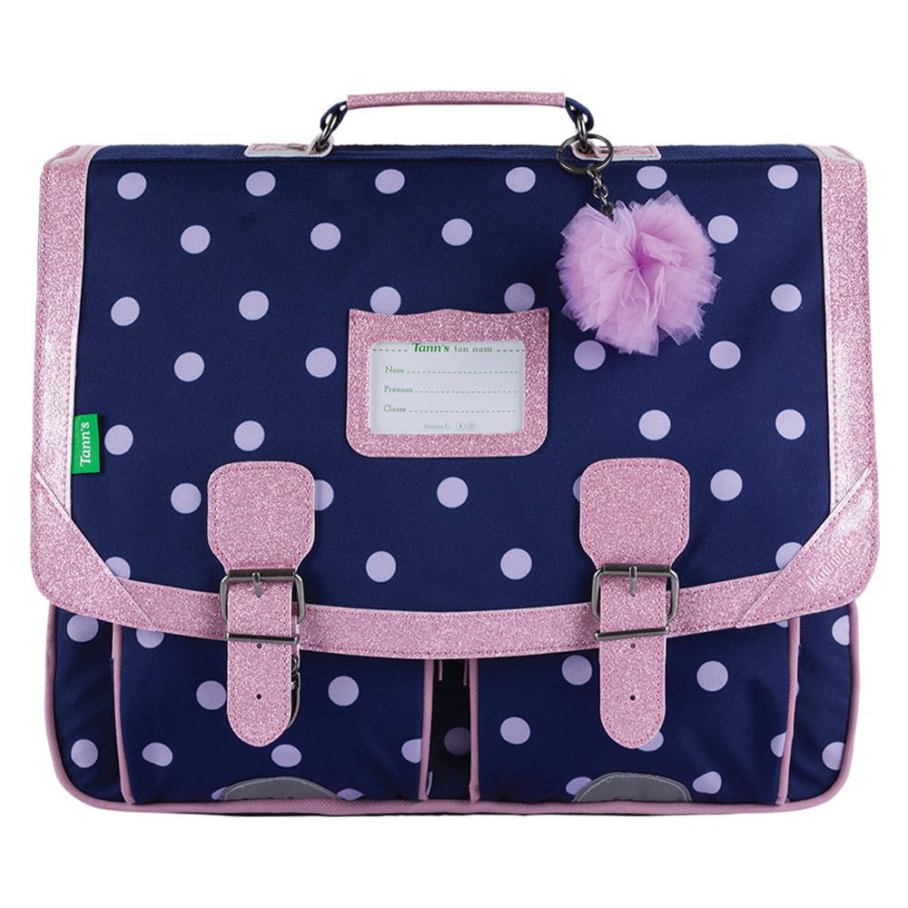 Tann's - Cartella Romy Marine 41 cm - Stampa a pois, ganse rosa glitterata e pompon in tulle - Cartella scolastica ragazza 2 soffietti - CE2 CM1 CM2