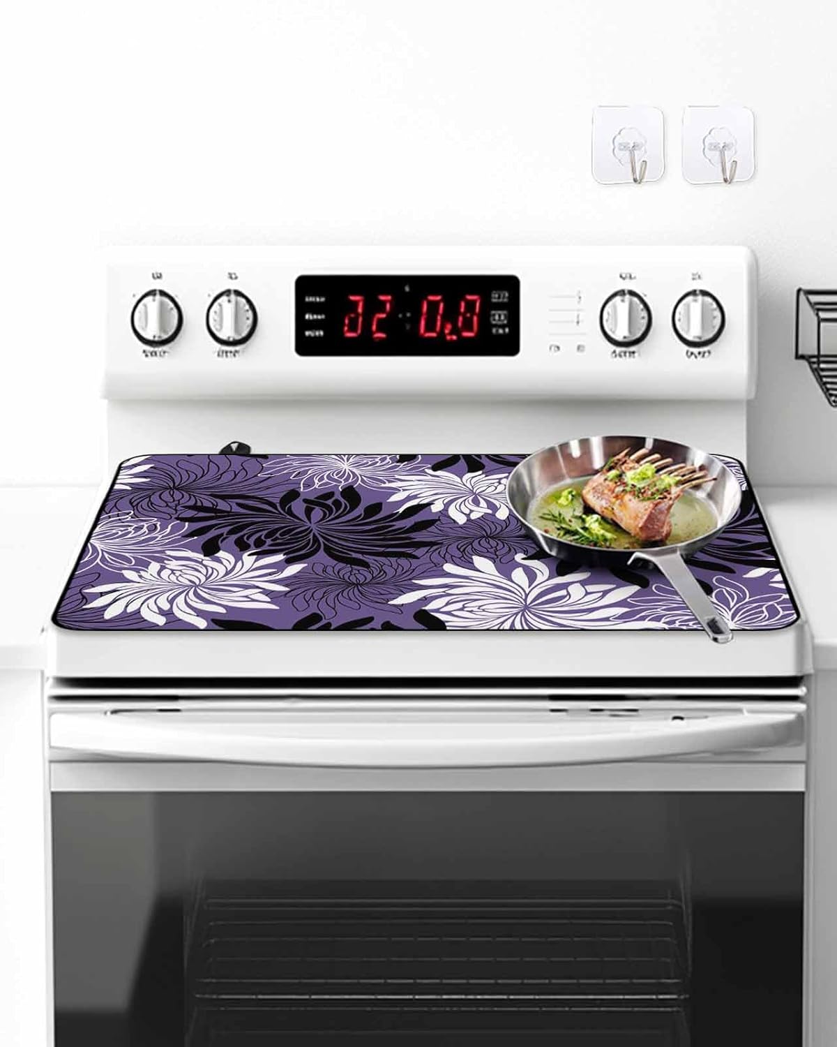 Stove Top Cover Chrysanthemum Stove Cover for Electric Stove Top Vintage Purple Black Floral Glass Cooktop Covers Anti-Slip Mat Heat R esistant Countertop Protector Kitchen Decor 28.5"x20.5"