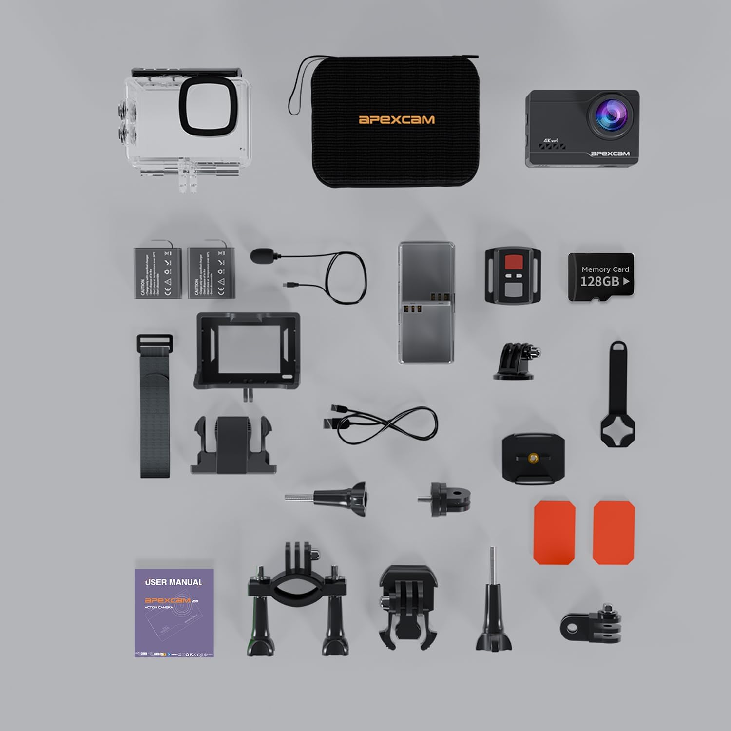 Apexcam M90 Action Cam (M90 mit 128GB Karte) | EIS-Stabilisierung, wasserdicht 40 m, Aufbewahrungstasche, 2 Akkus 1350 mAh, Fernbedienung, Zubehör-Set für Sportkamera