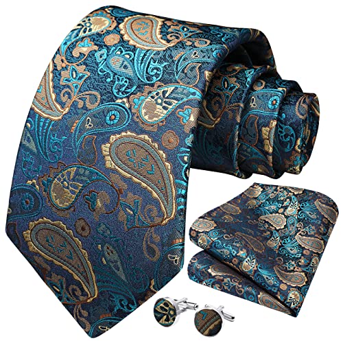 HISDERN Conjunto de corbata de Paisley para hombre, gemelos cuadrados de bolsillo, conjunto de corbata de seda verde con pañuelo para boda, fiesta, negocios