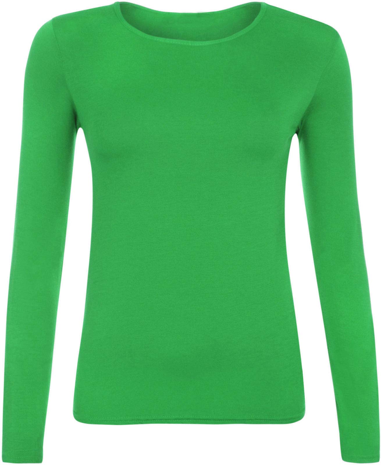 Ladies Women Basic Long Sleeve Plain Round Neck Ladies Stretch Plus Size Top T Shirt (Jade Green, XXL)