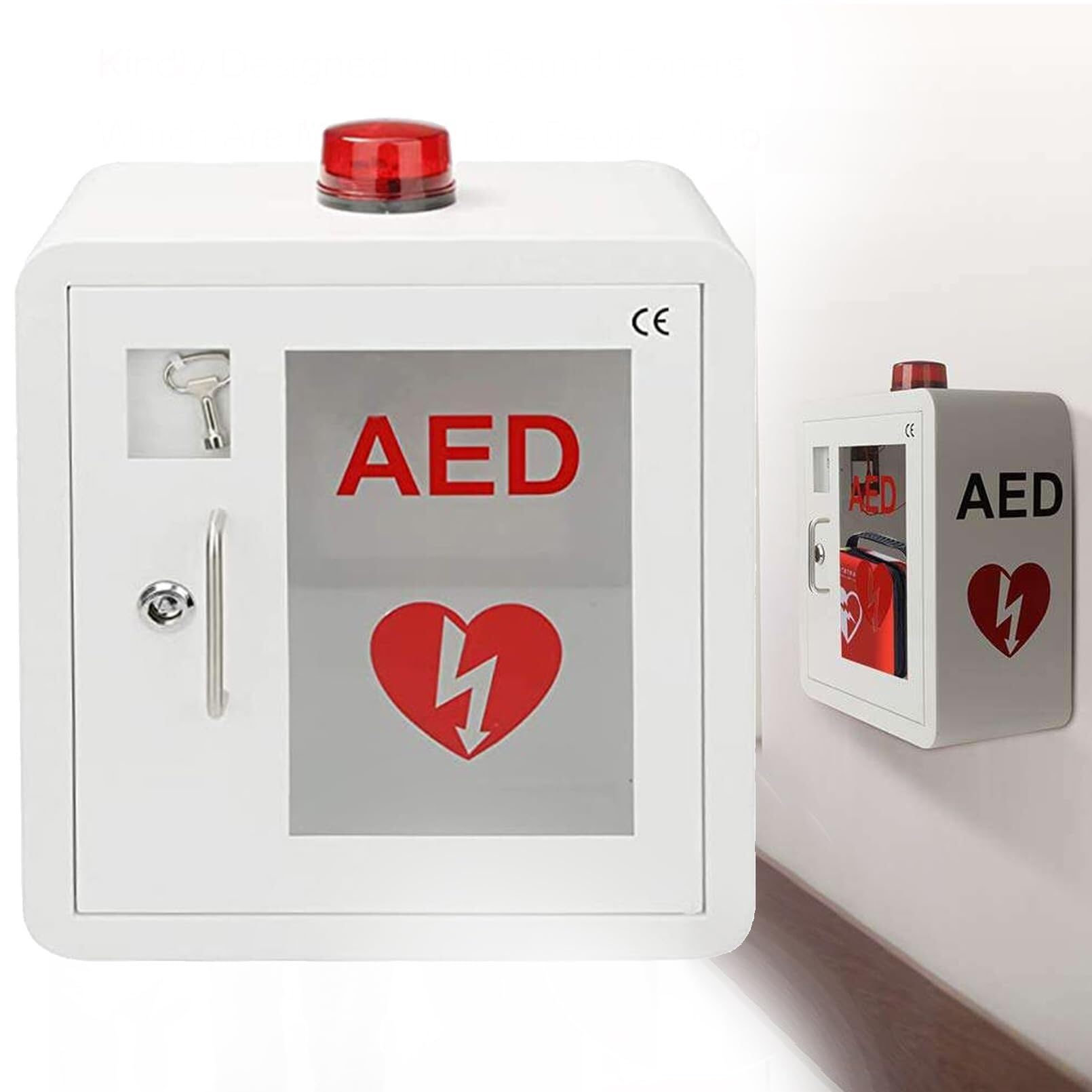 Szafka ścienna do przechowywania defibrylatora AED, z kluczem i systemem alarmowym, awaryjne światło stroboskopowe, zaokrąglone rogi, pasująca do większości modeli AED