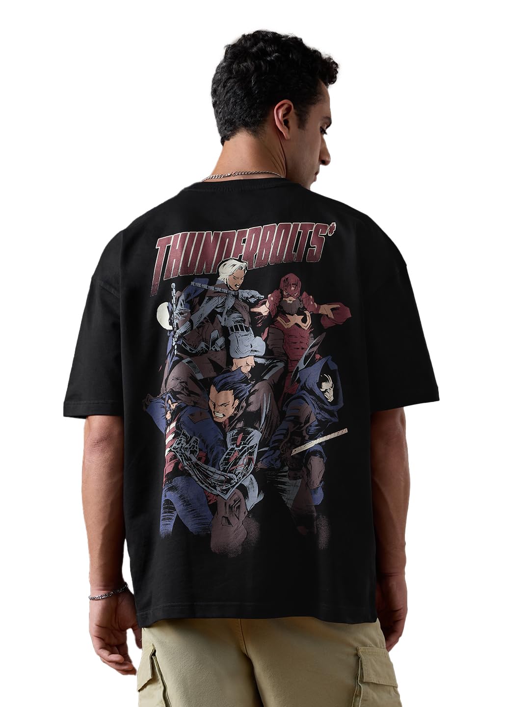 The Souled Store Marvel: Thunderbolt Uomini e Ragazzi Maniche Corte Girocollo Nero Grafica Stampata Cotone Oversize T-shirt