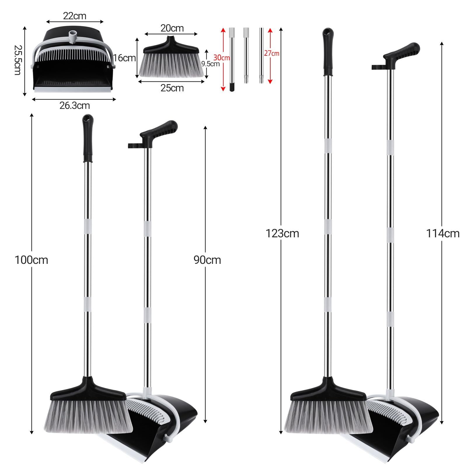 Scopa alta con Manico Estendibile a 123 cm – Set Scopa e Paletta,Kit Pulizie Leggero per Interni/Esterni,Cucina,Garage – scopa e paletta salvaspazio,con Design Moderno in Nero e grigio