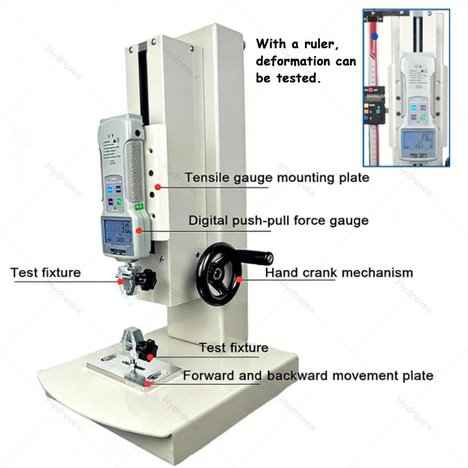 Digitale Zugprüfmaschine 10–2000 N, handkurbelbetriebener vertikaler Zugprüfstand, 270 mm Hub, mit 5 Sonden, Ausgabefunktion/Handradbedienung/übersichtliches Display, für Textilien 2000N+Ruler