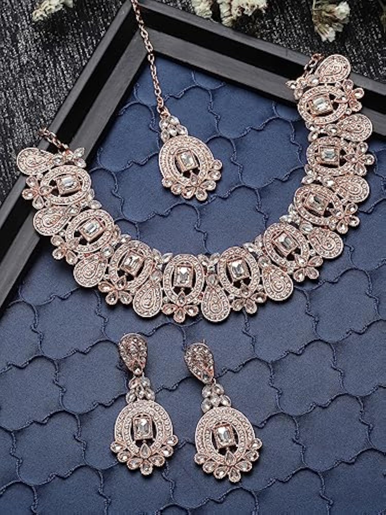 Plated AD Stone Collar Bone Necklace Set With Earring And Maangtika Set