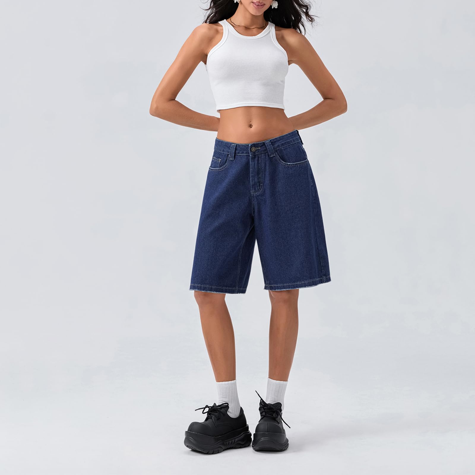 Bermuda ample en jean longueur genou pour femme - Taille basse - Jambe large - Avec poches - Jorts décontractés