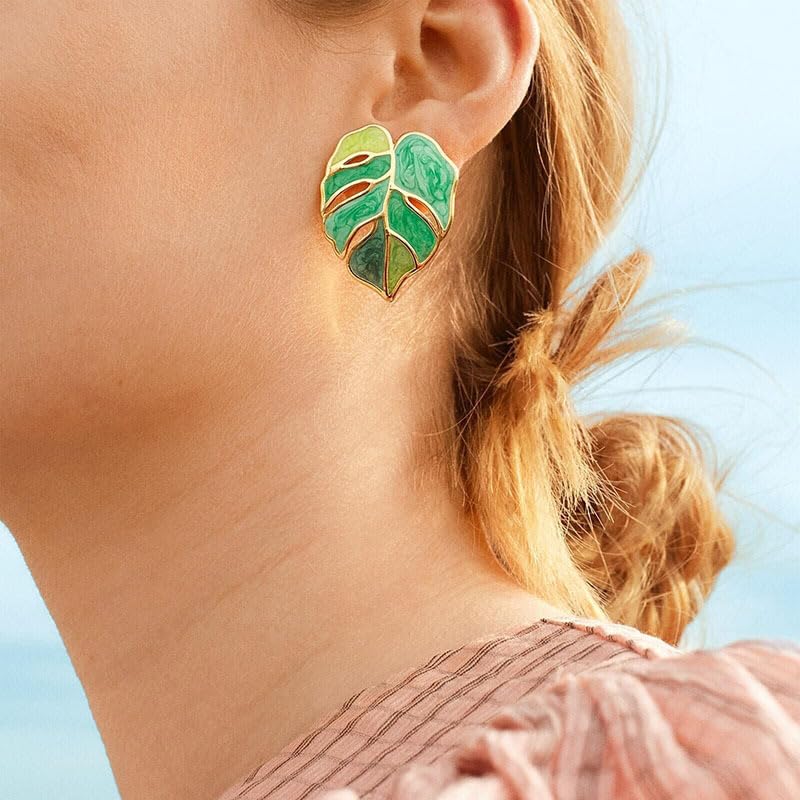 4Pcs Enamel Monstera Leaf Stud Earrings Fashion Bohemian Alloy Earrings Charms Accessories Purple+Yellow+Green+Pink2