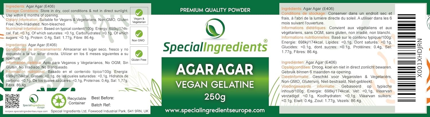 Special Ingredients Agar Agar, Poudre de Gélatine, Gélifiant et Épaississant Alimentaire d'Origine Végétale, Naturel, Qualité Supérieure, Vegan - 250 gramme