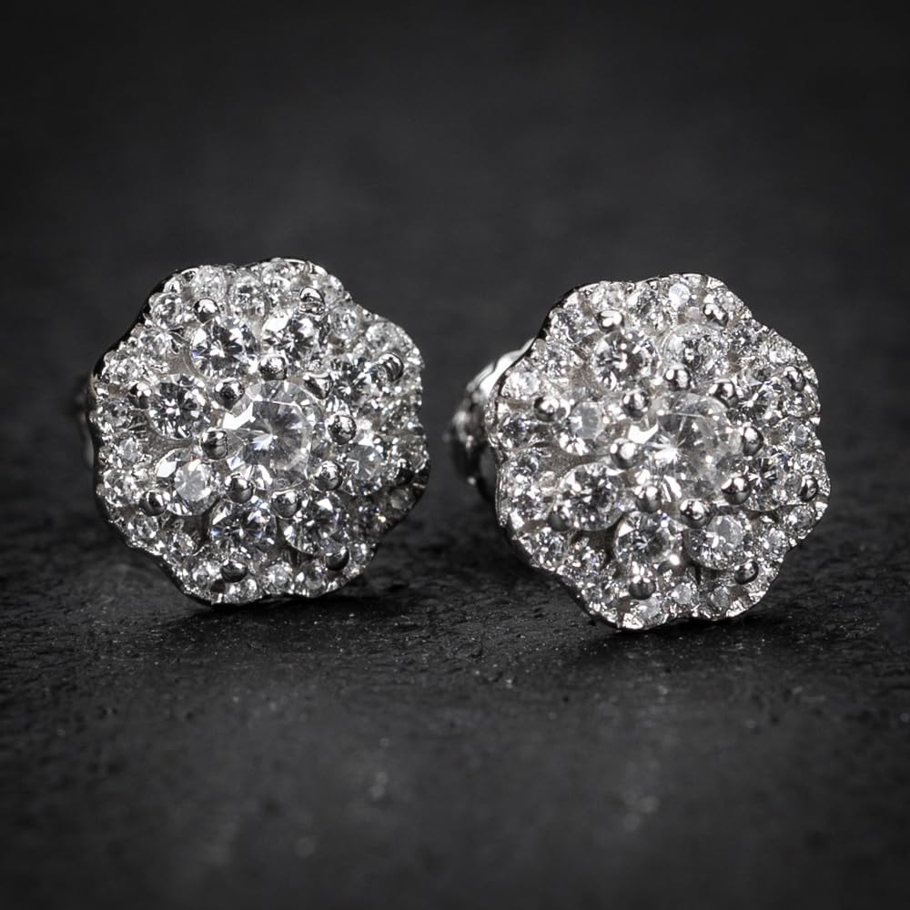 White Gold Rhodium 925 Sterling Silver Screw Back Post Unisex Hypoallergenic Iced Cz Round Flower Cluster Hip Hop Round Honey Comb Set Stud Earrings For Men And Women