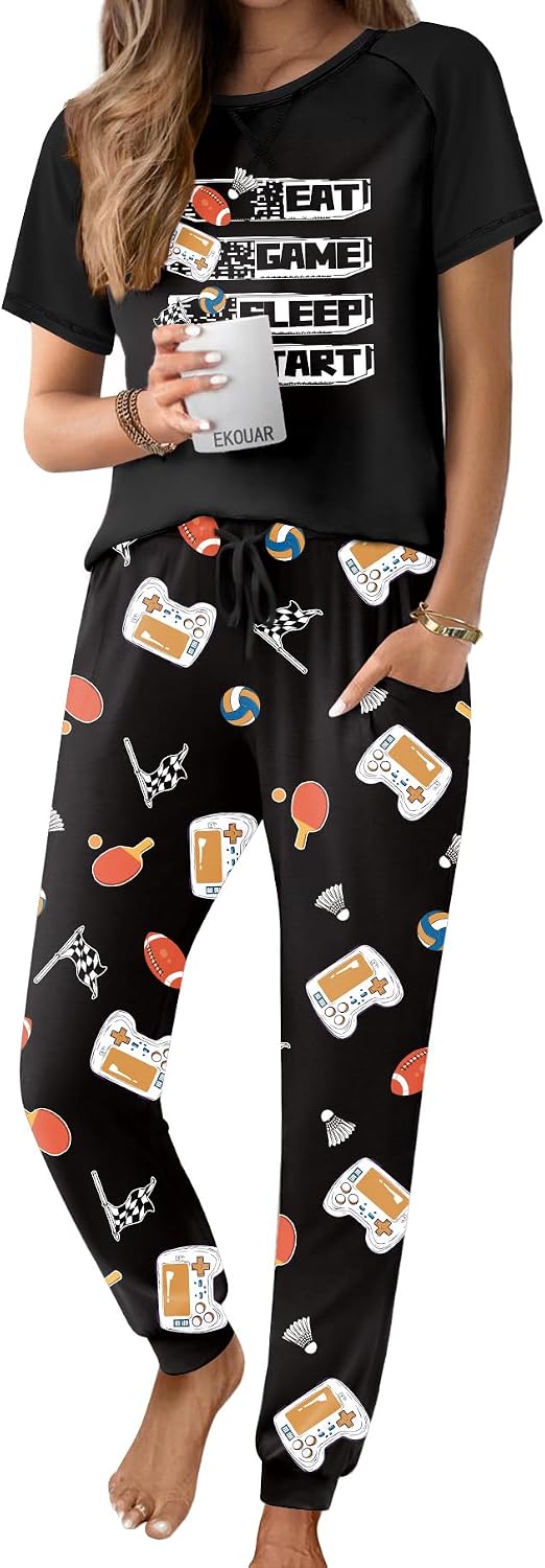 Ekouaer Womens Jogger Pajamas Sets 2 Piece Raglan Short Sleeve Pjs Lounge Set Soft Sleepwear with Pockets S-XXL