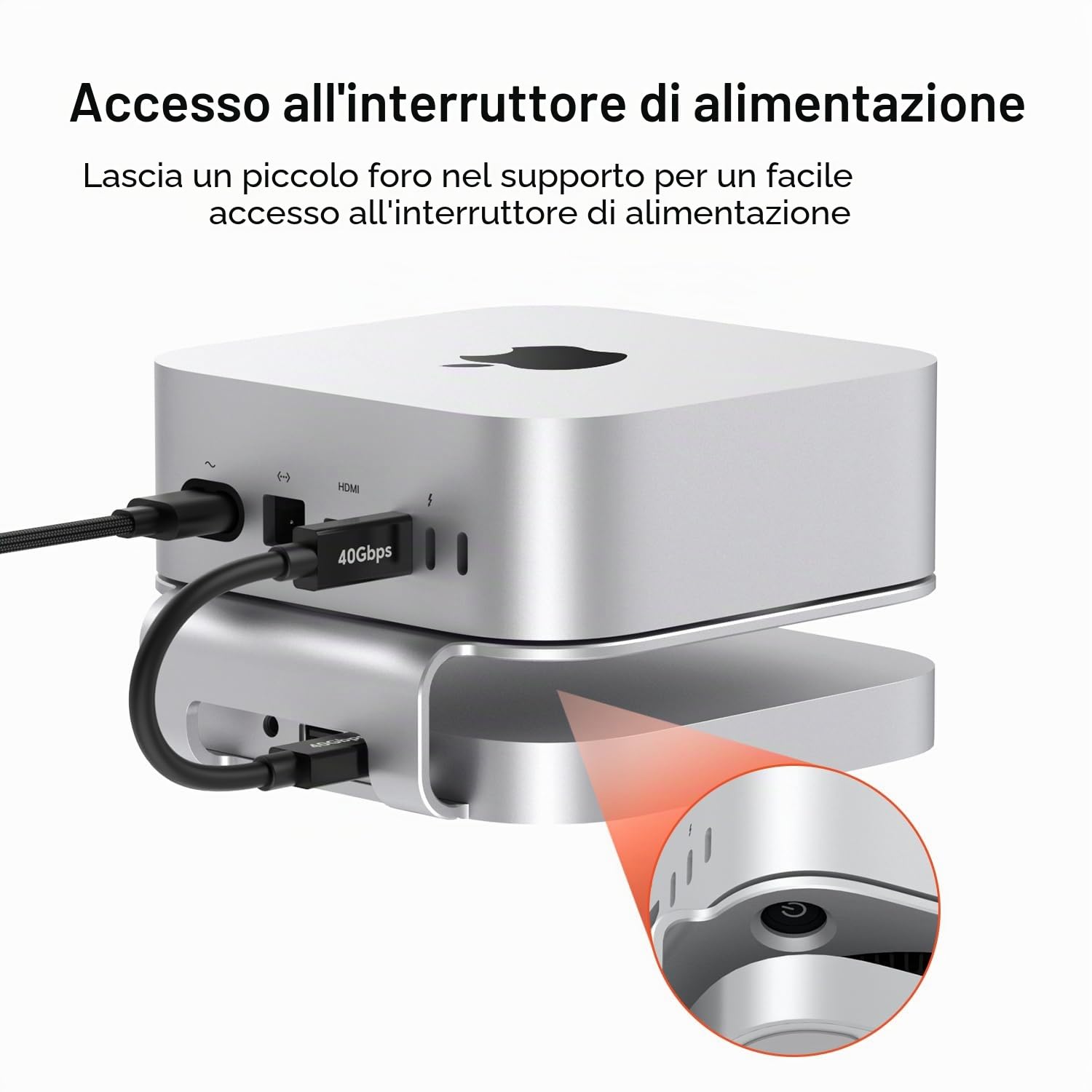 Qwiizlab Hub di supporto in alluminio con USB4 40Gbps Thunderbolt SSD Enclosure per Mac Mini M4/M4 Pro, 3 USB-A 2.0, supporta M.2 NVMe PCIe SSD fino a 8TB (argento)