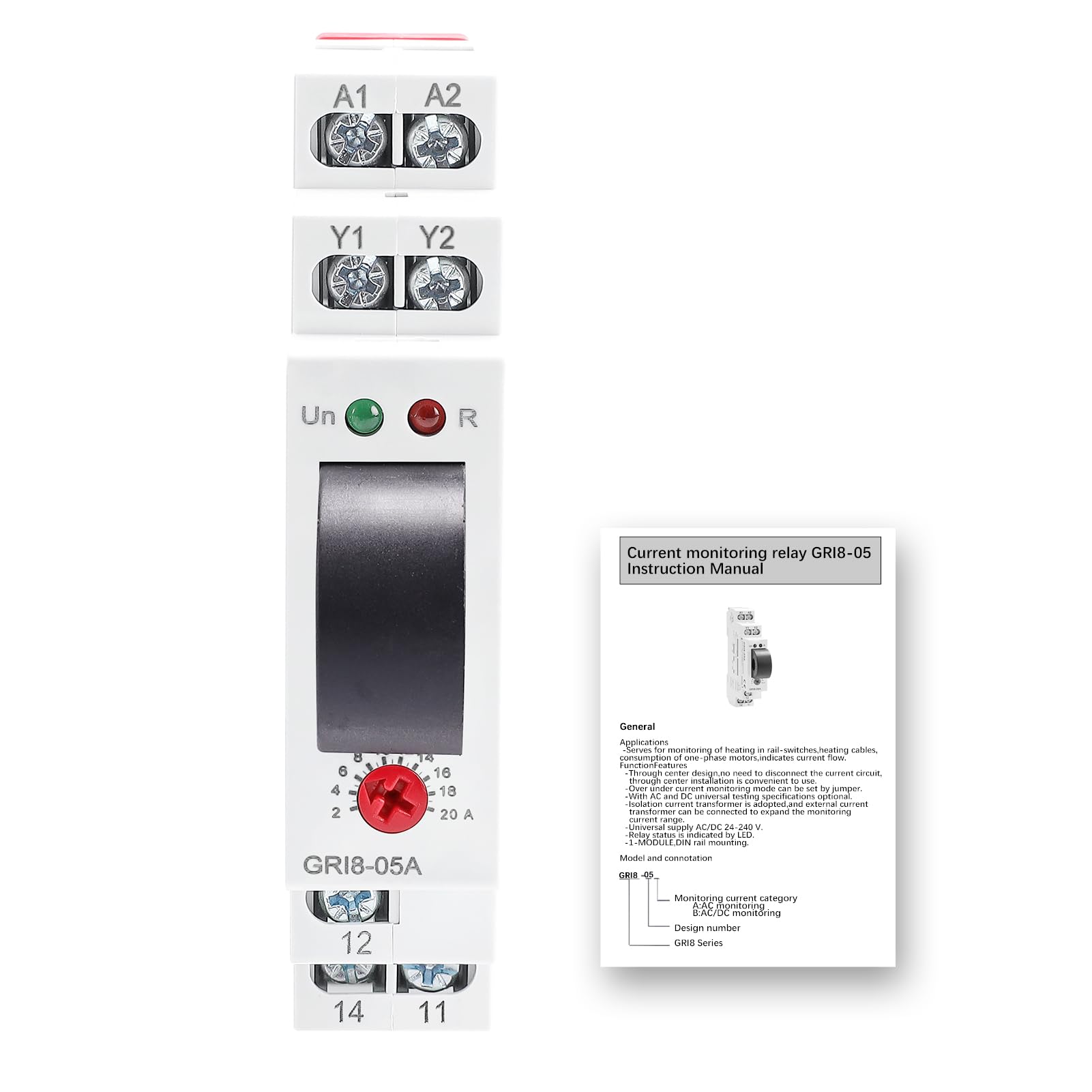 Jadeshay Relè Protezione Sovraccarico GRI8-05A Protettore Sovratensione Sottotensione a Foro Passante Monitoraggio Corrente AC 2A-20A Regolabile AC/DC 24-240V Guida DIN