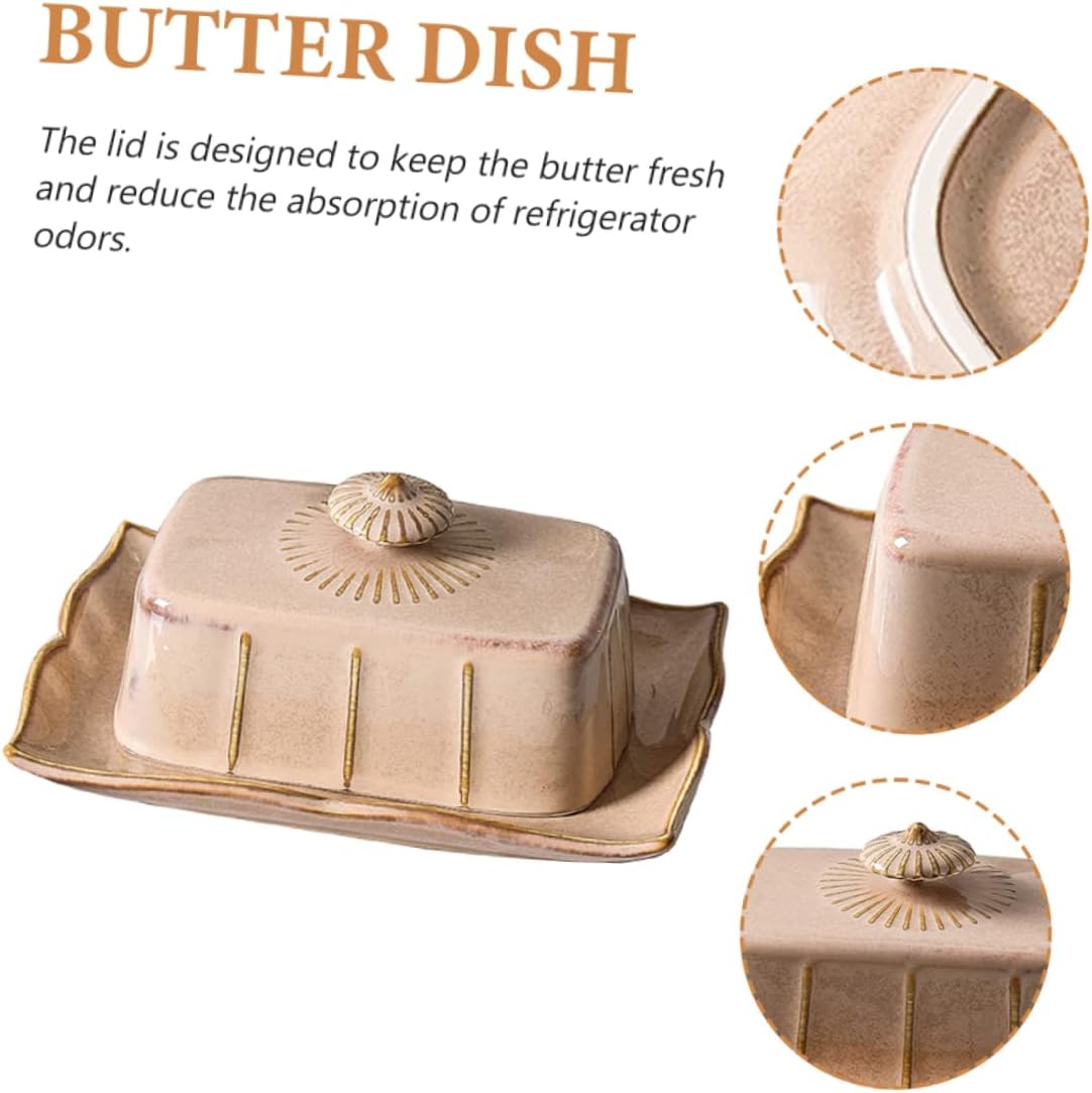VICASKY Ceramic Butter Tray with Lid Decorative Butter Serving Plate for Cheese Cookies and Fruit Freshness Preserving Porcelain Dish Kitchen Storage Keeper and Snacks Khaki