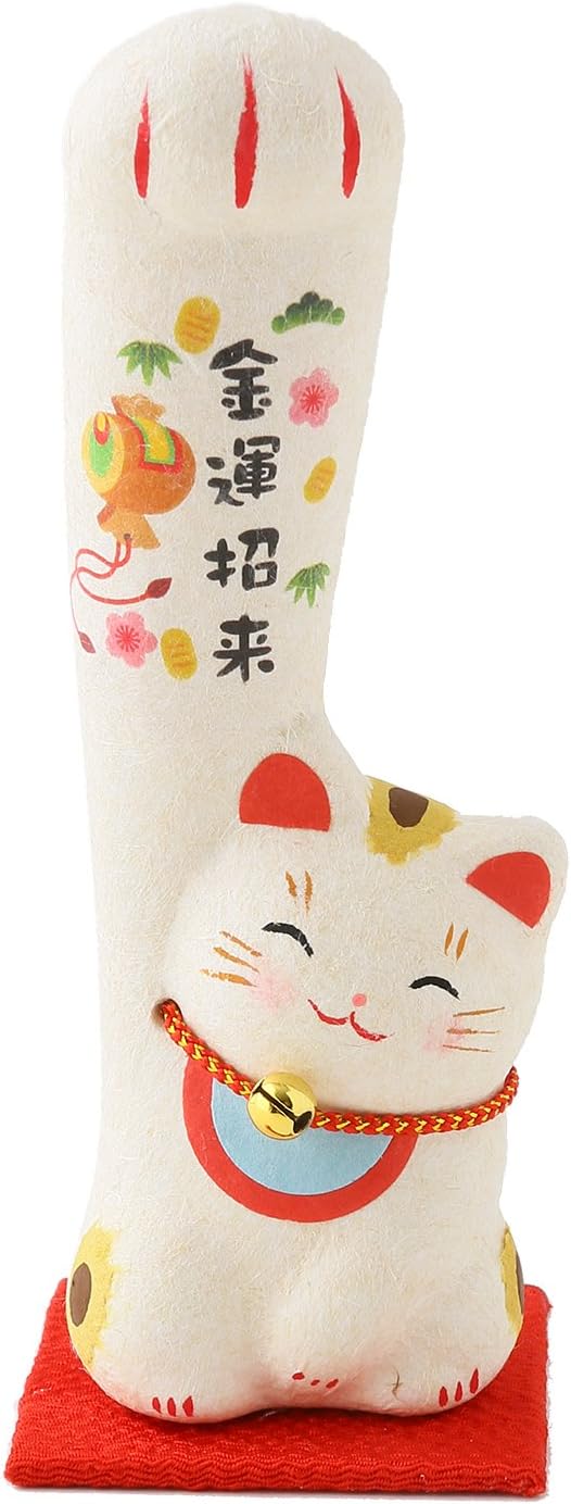 Japanese Paper Craft Lucky Kitty Cat White Maneki Neko of Big Hand (Right)