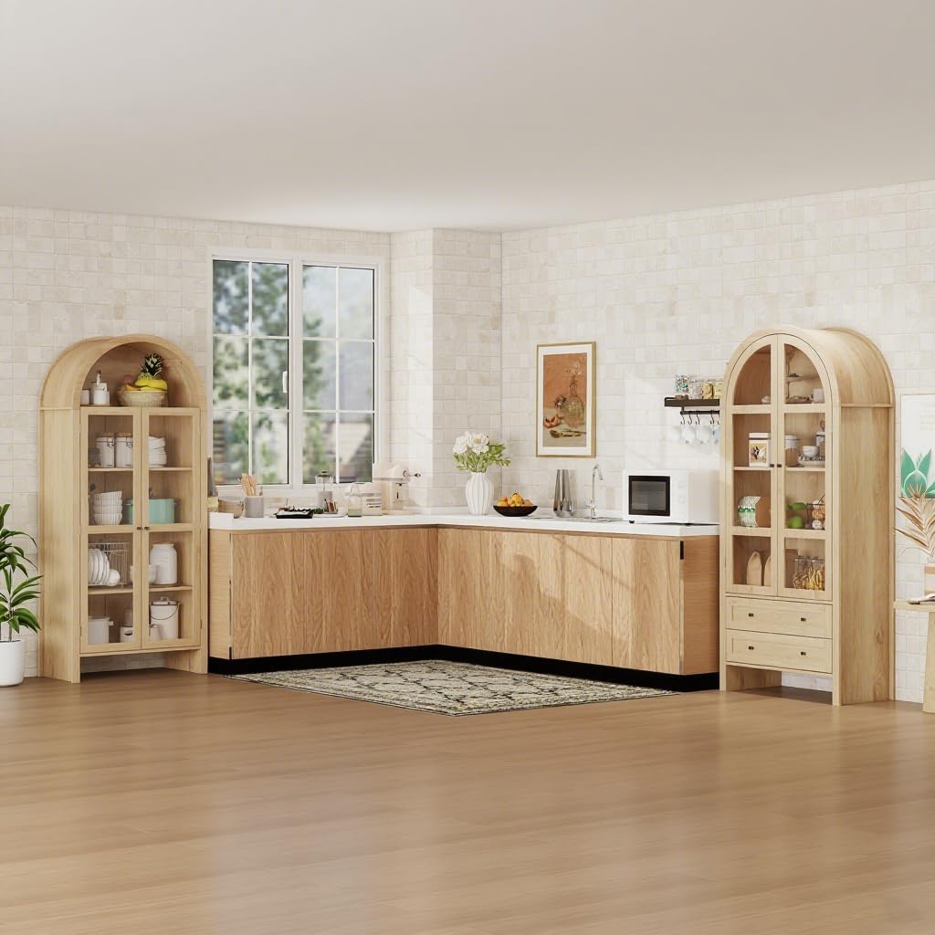 71" Tall Arched Curio Storage Cabinet,Arched Bookcase with Glass Doors and Adjustable Shelves,Pantry Cabinet Cupboard for Bathroom,Living Room,Dining Room,Kitchen,Study