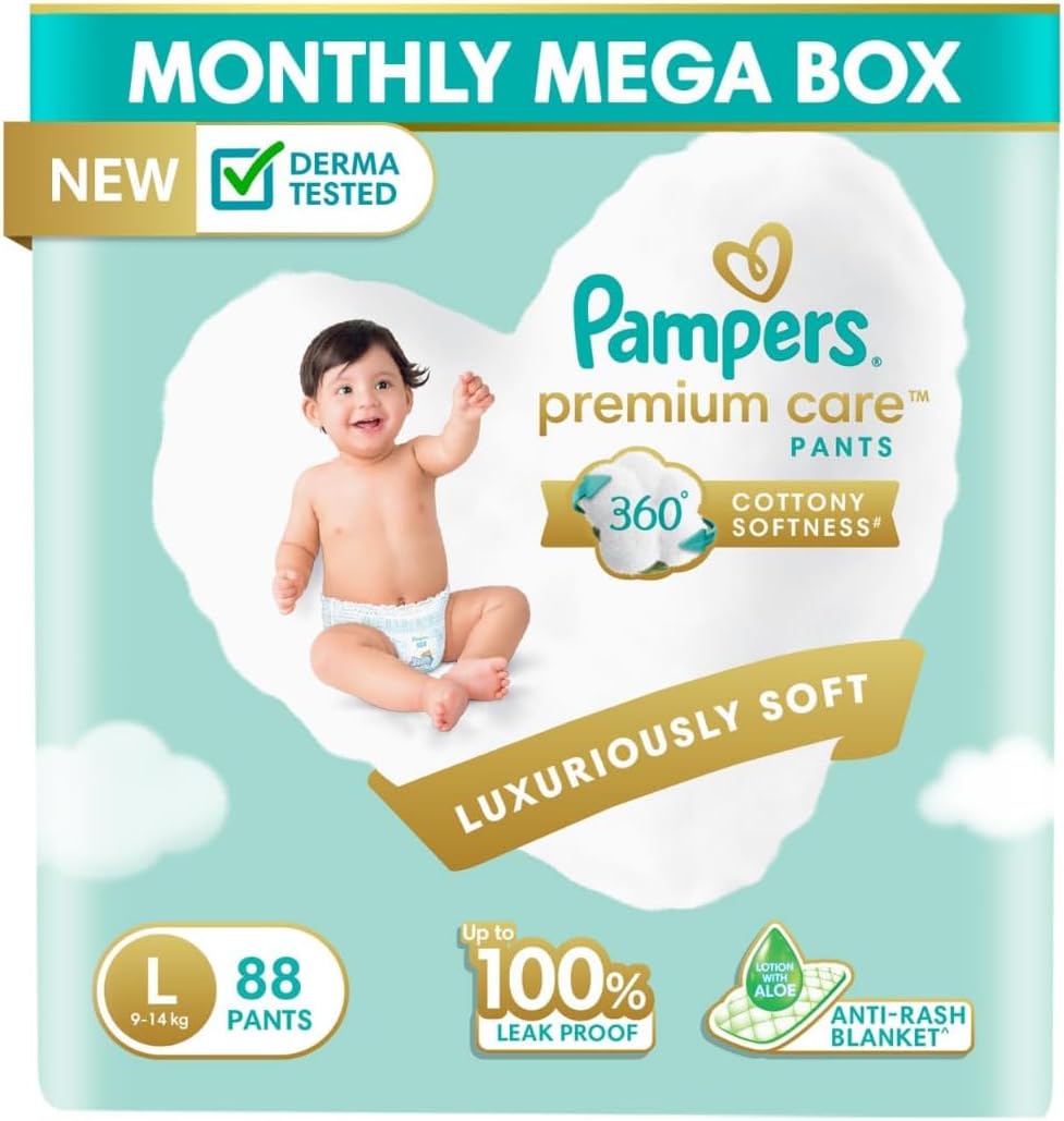 Pampers Premium Care Pant Style Baby Diapers | Large (L size) | 88 Count | Voted India's Softest | All-in-1 with 360 Cottony Softness Diapers| 9-14kg