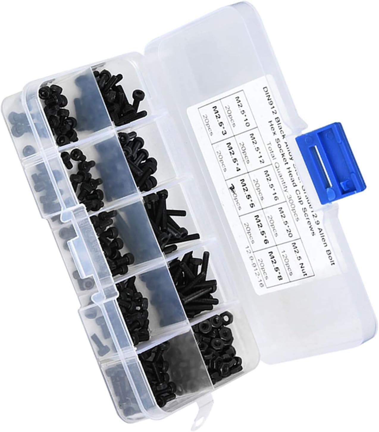 Hex Socket Head Cap Screws, 300pcs M2.5 x 3-20mm 12.9 Grade Alloy Steel Black Oxide Screw with Nut, for Automotive Machine Repair Household