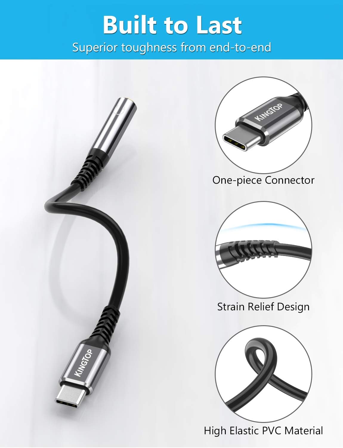 KINGTOP USB C to 3.5mm Audio Adapter, 384khz-32bit USB Type C to 3.5mm Female Stereo Headphone Jack Adapter Compatible with Samsung S20 FE S21 Note 20 Ultra, OnePlus 9, Pixel 5 XL, iPad Pro and More