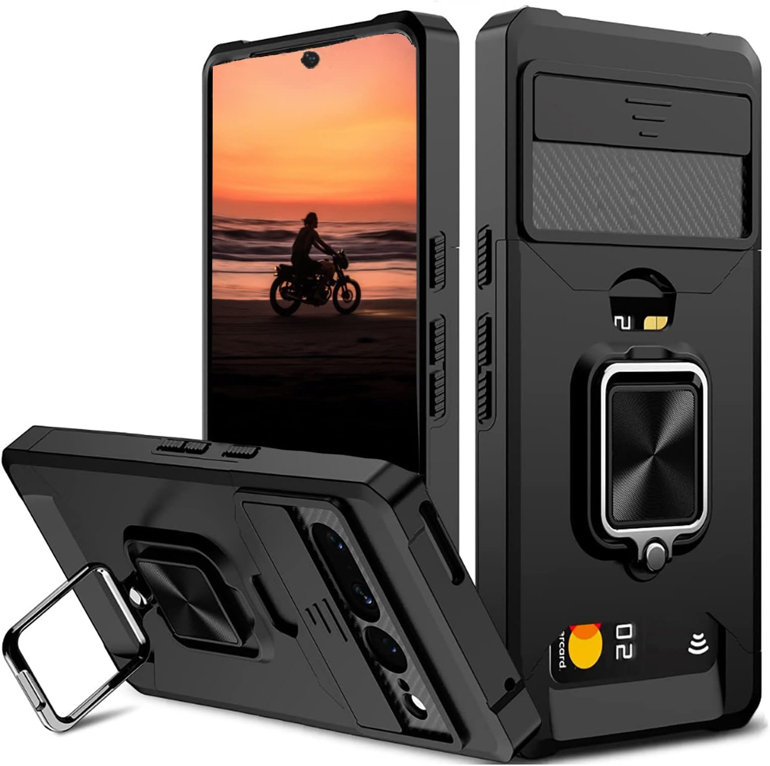 rojarou for Google Pixel 7 Pro Case with Card Holder,Slide Camera Cover,360° Rotate Ring Kickstand Heavy Duty Protective Phone Case for Pixel 7 Pro Cover-Black