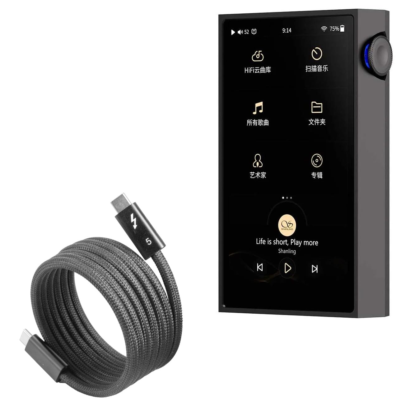 BoxWave Cable Compatible with Shanling M5 Ultra - SnapWrap Thunderbolt 5.0 Cable (5ft 240W), Magnetic Self-Coiling Nylon Braided Retractable - Jet Black