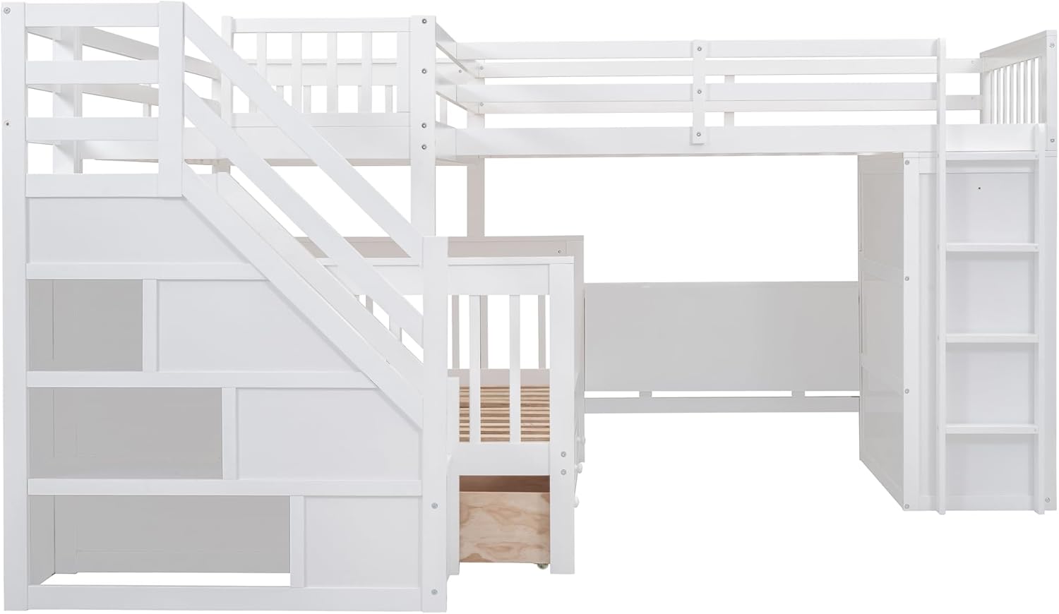 L-Shaped Bunk Bed for 4 Kids, Twin-Twin Over Full with 3 Drawers, Portable Desk and Wardrobe, Solid Wood Bedframe with Stairs and Full-Length Guardrails, No Box Spring Needed (White)