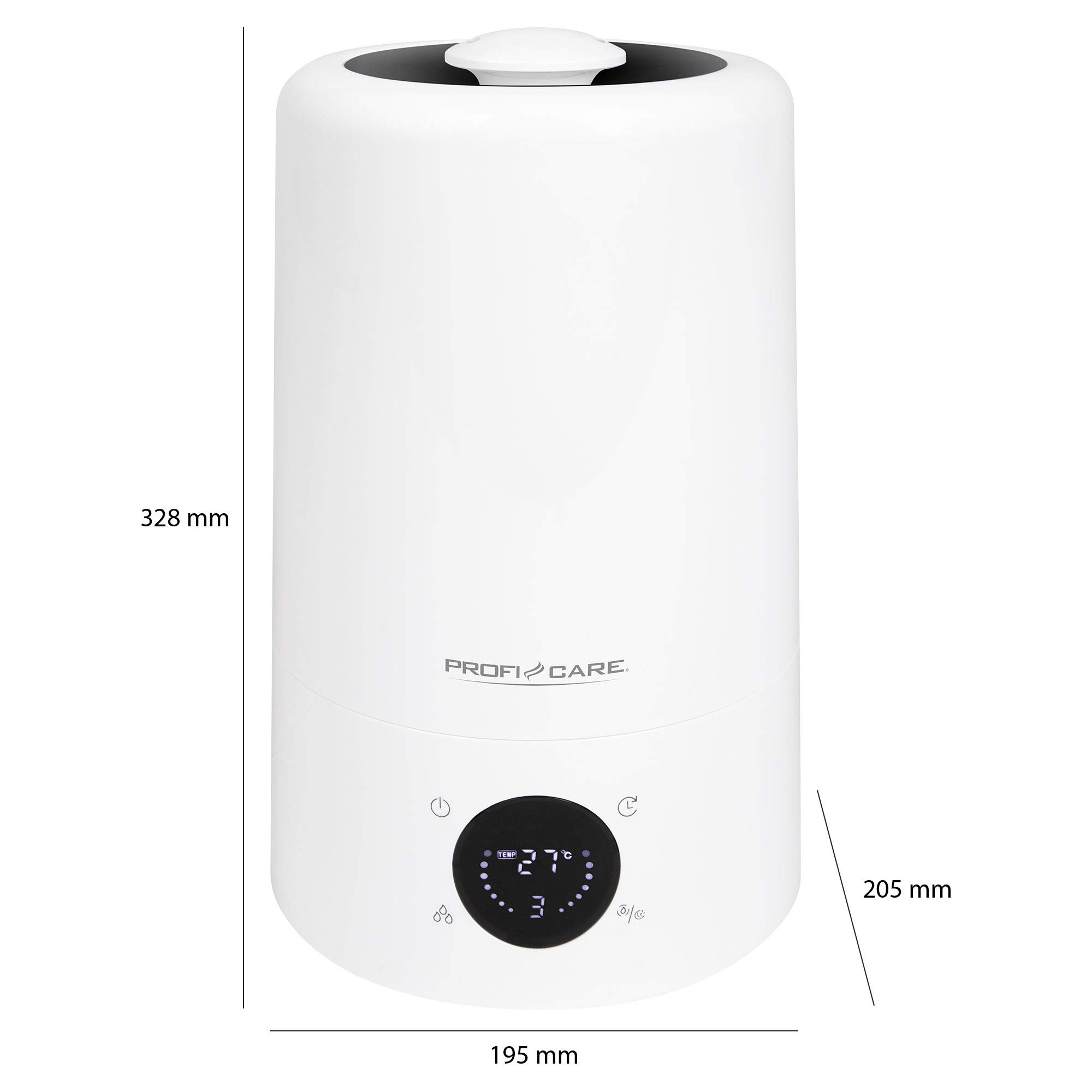 ProfiCare Nawilżacz powietrza PC-LB 3077, technologia ultradźwiękowa do pomieszczeń do 60 m², aktywny filtr węglowy, zbiornik na wodę 5 l, 3 tryby pracy, wielofunkcyjny wyświetlacz LED, czujnik dotykowy, biały