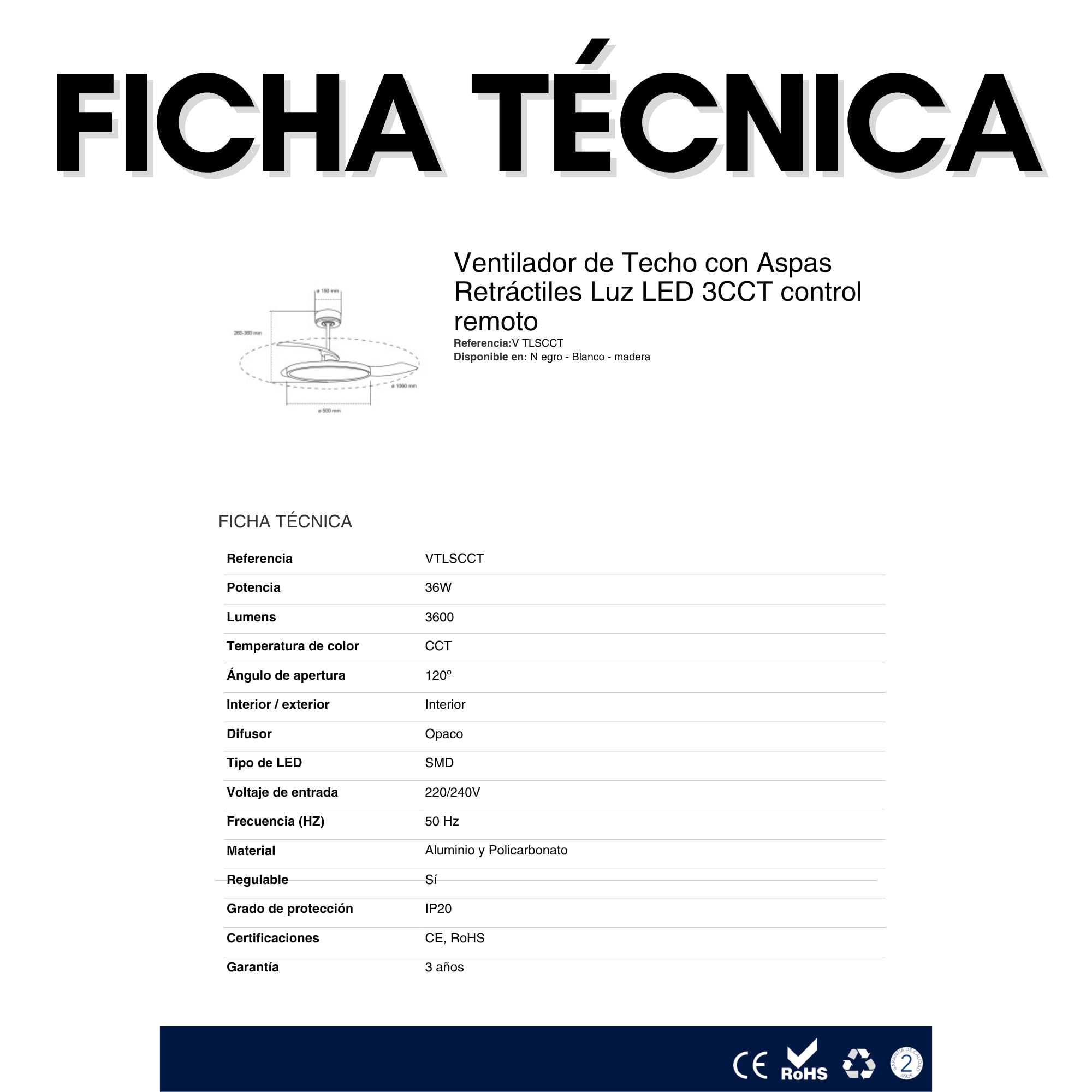 Ventilador de Techo LED Blanco con Aspas Retráctiles 36W Ultrafino, Motor DC Silencioso 26dB, 3CCT: 3000-4000-6000K, 6 Velocidades, Función verano e invierno, Mando a distancia