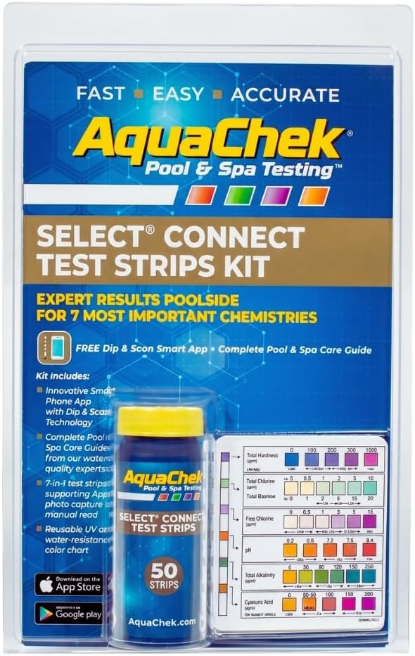 AquaChek Select Connect 7-Way Pool and Spa Test Strips Complete Kit - Pool Test Strips for pH, Total Chlorine, Free Chlorine, Bromine, Alkalinity, Total Hardness, and Cyanuric Acid - (50 Strips)