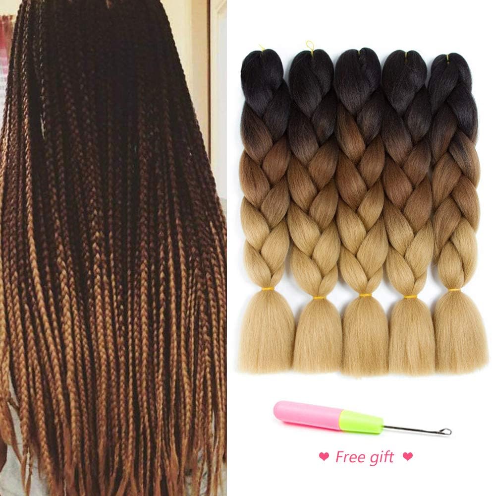 5Pcs/Lot Ombre Jumbo Braiding Hair Extensions Kanekalon 3 Tone Synthetic Fiber for Twist Braid Hair Extension Black Light Brown Jumbo Box Braiding Hair (Black-Brown-Light Brown)