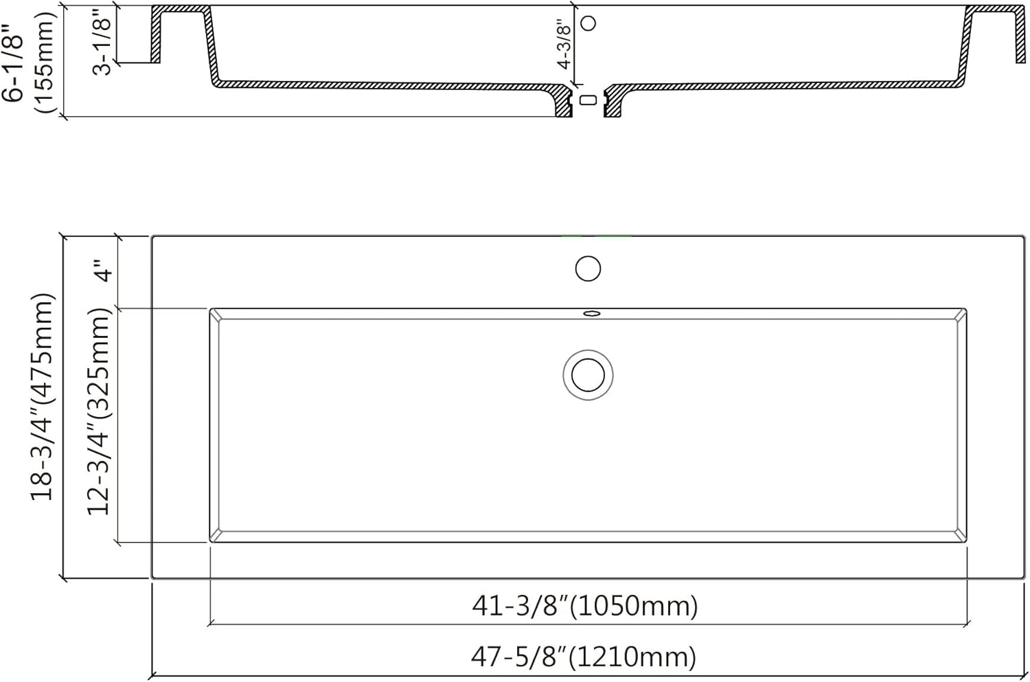 Dowell Long Topmount Single Bathroom Vanity Basin - White Resin,48 x 18,Dowell 48" Bathroom Sink,Single Bowl Vanity Basin,Rectangular Drop-In Bathroom Sink with Overflow, White-000 4818BPRS